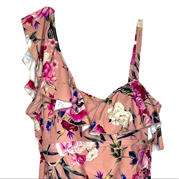 Lysa Plus Size 1x 18/20 Ruffled Shoulder Floral Mauve Pink One-Piece Swimsuit - Picture 3 of 10